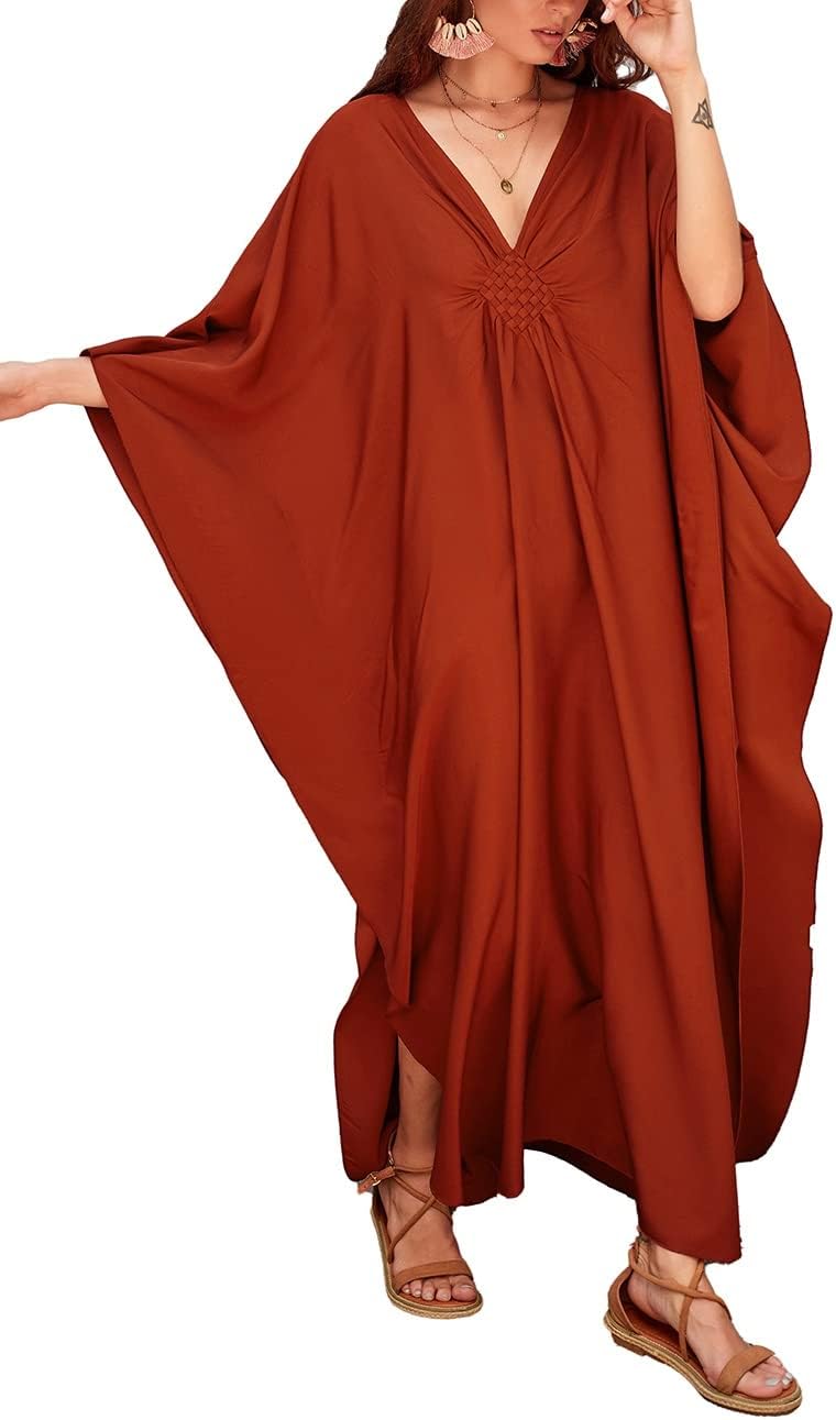 Bsubseach Women Solid Color Cover Up V Neck Batwing Sleeve Plus Size Beach Kaftan Dresses - Image 1